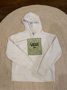 Vans White Hoodie with Green Camouflage Logo Panel